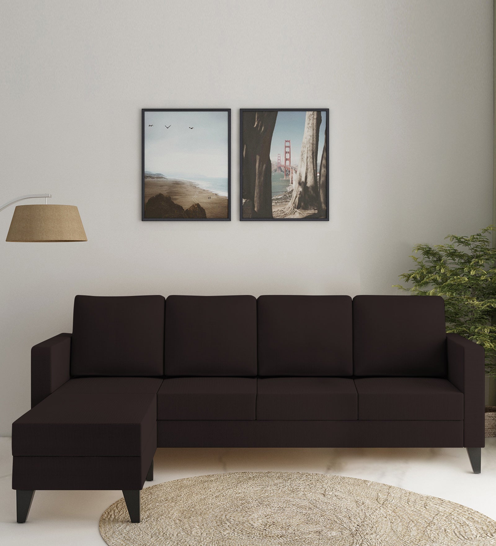 Nori Fabric RHS Sectional Sofa (3 + Lounger) In Dark Brown Colour