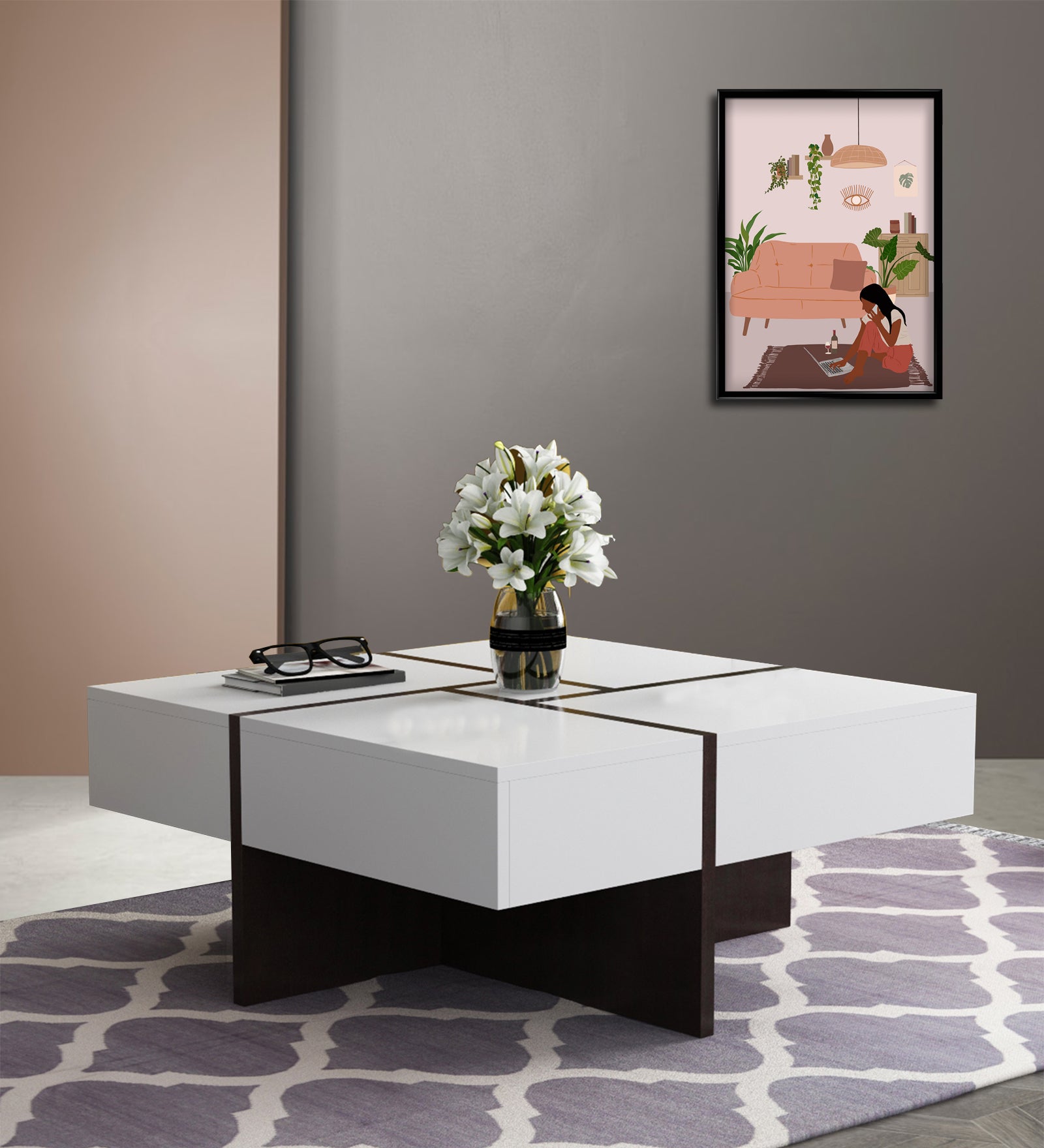 Tammy Centre Table In Dark Wallnut & Frosty White Finish