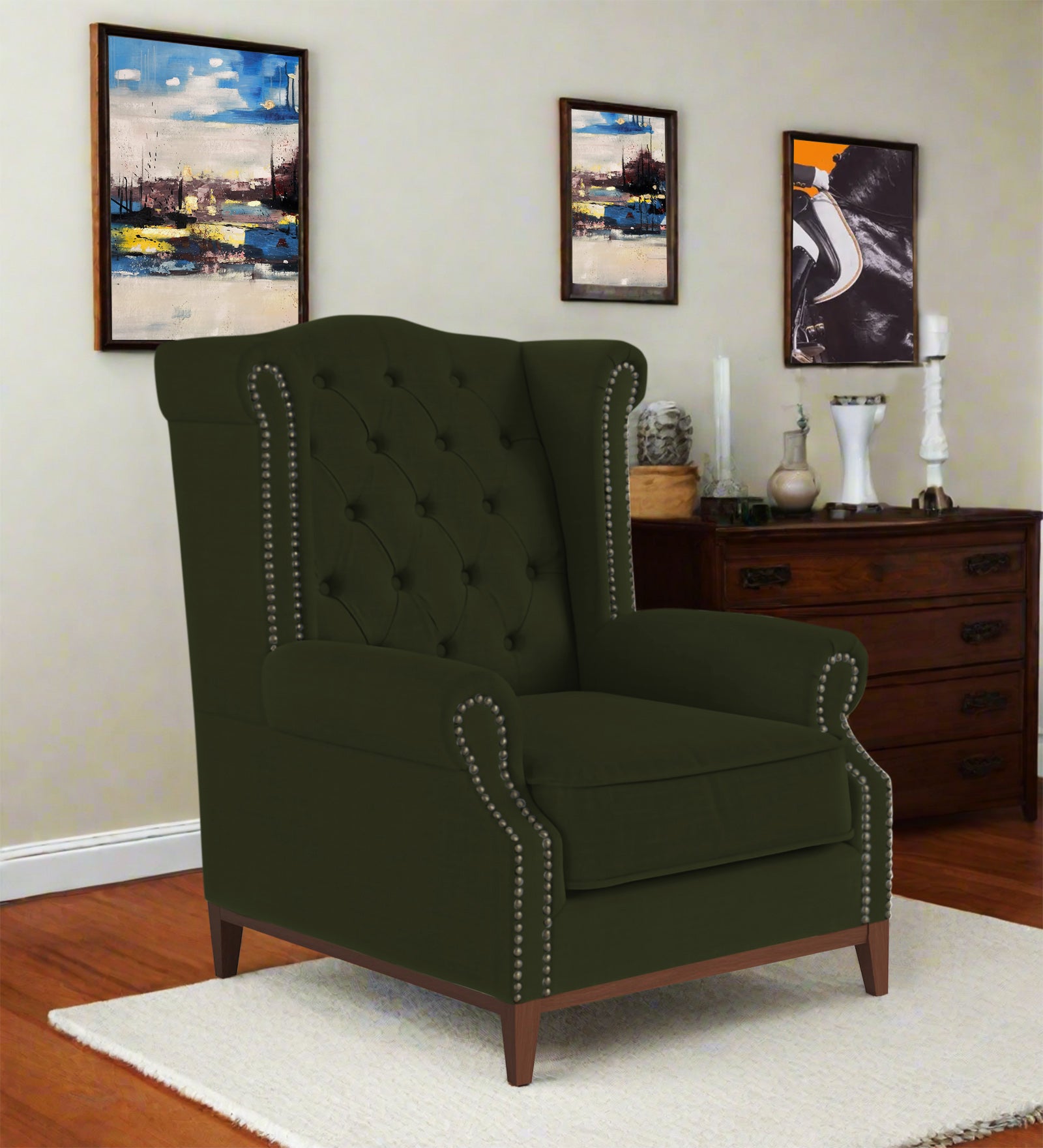 Nory Fabric 1 Seater Wing Chair in Olive Green Colour