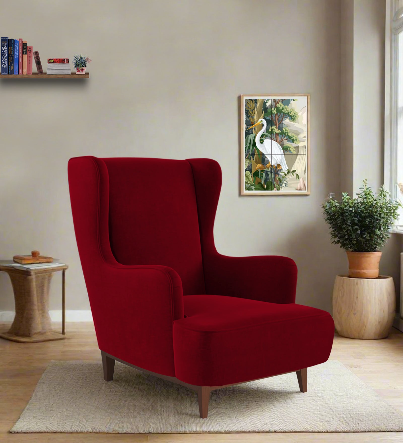 Suri Velvet 1 Seater Wing Chair in Cherry Red Colour