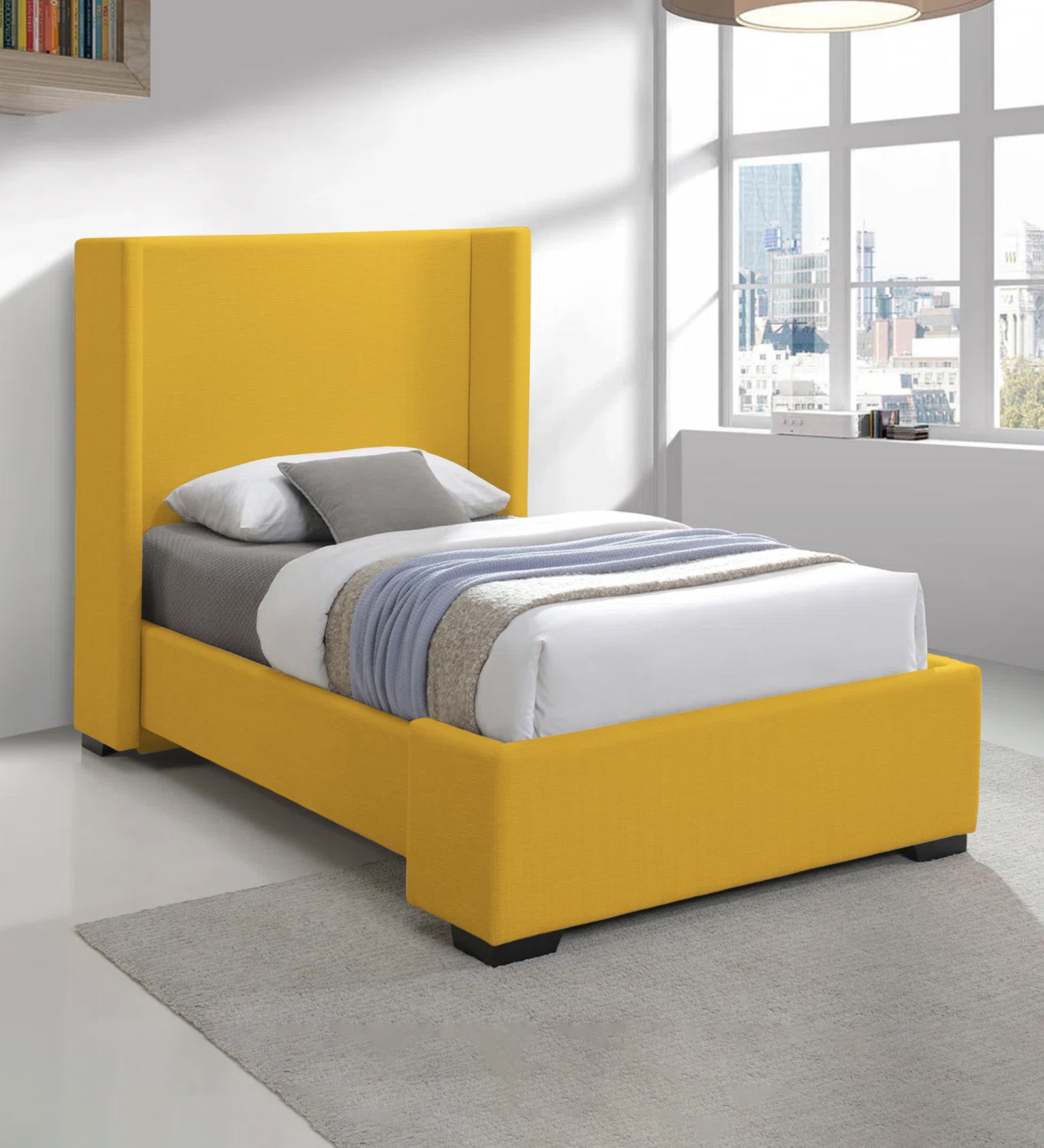 Kirby Fabric Upholstered Single Bed in Bold Yellow Colour - Febonic Living