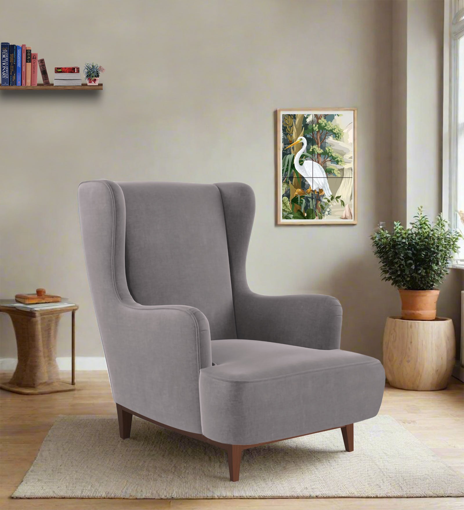 Suri Velvet 1 Seater Wing Chair in Pearl Grey Colour