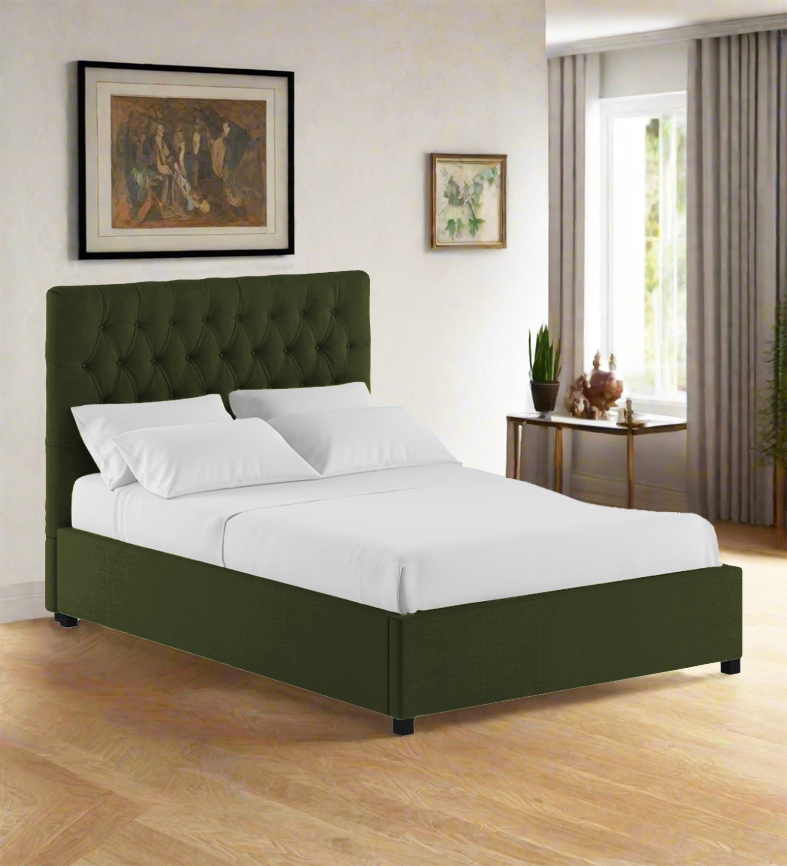 Sinu Fabric King Size Bed In Olive Green Colour With Storage Box