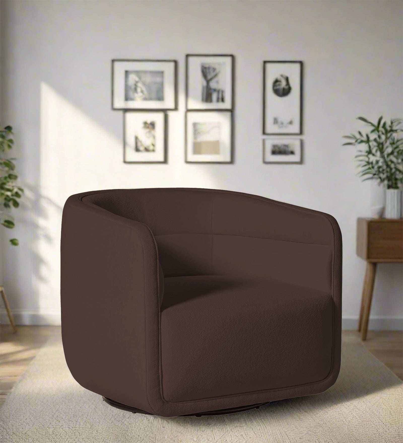 Ria Fabric Swivel Chair in Caramel Brown Colour