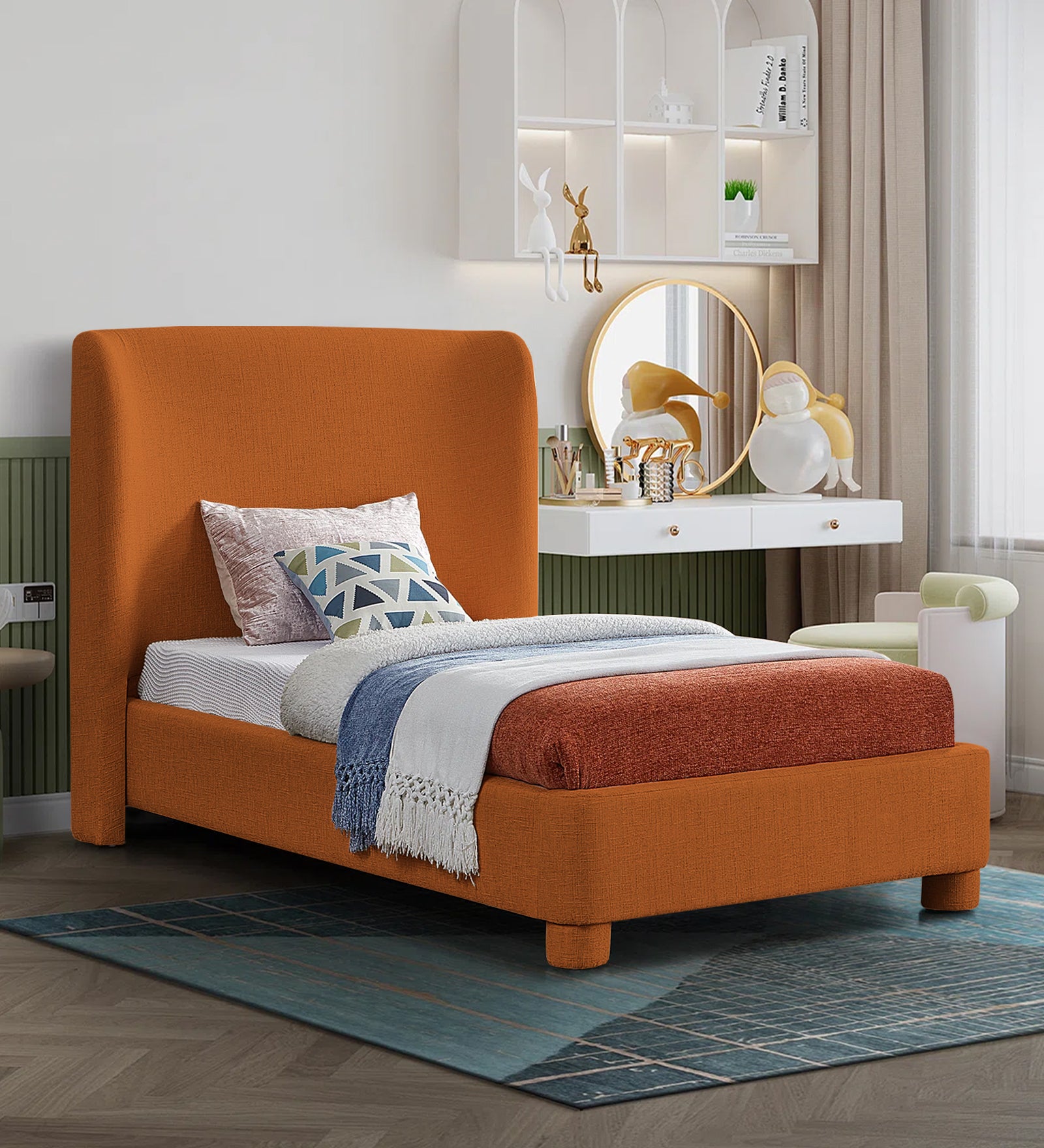 Lenny Fabric Upholstered Single Bed in Vivid Orange Colour - Febonic Living
