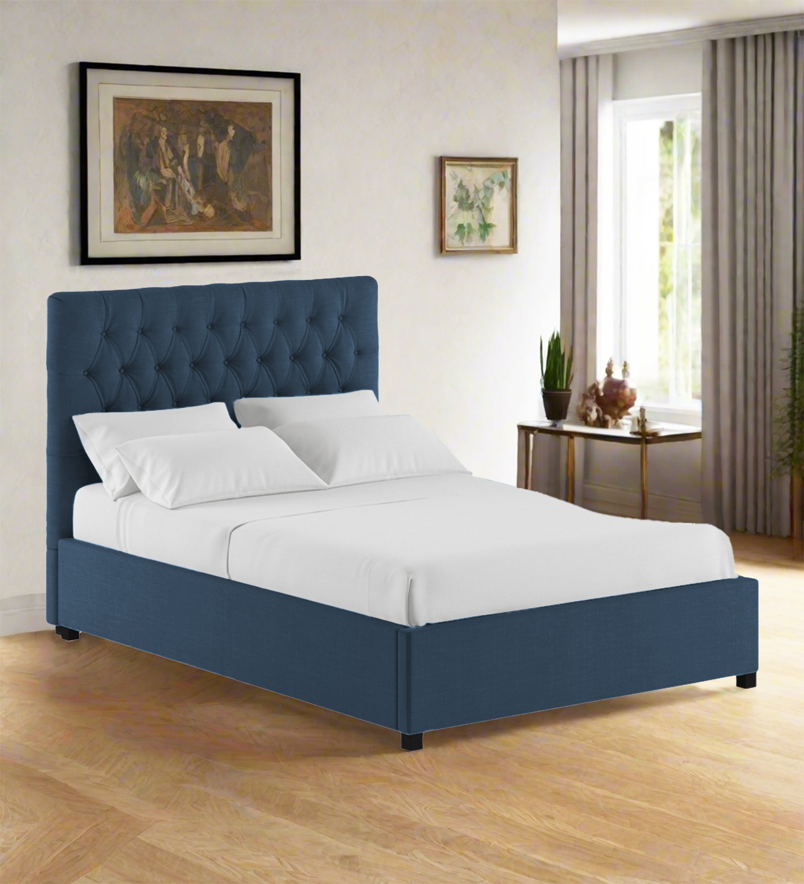 Sinu Fabric King Size Bed In Light Blue Colour With Storage Box