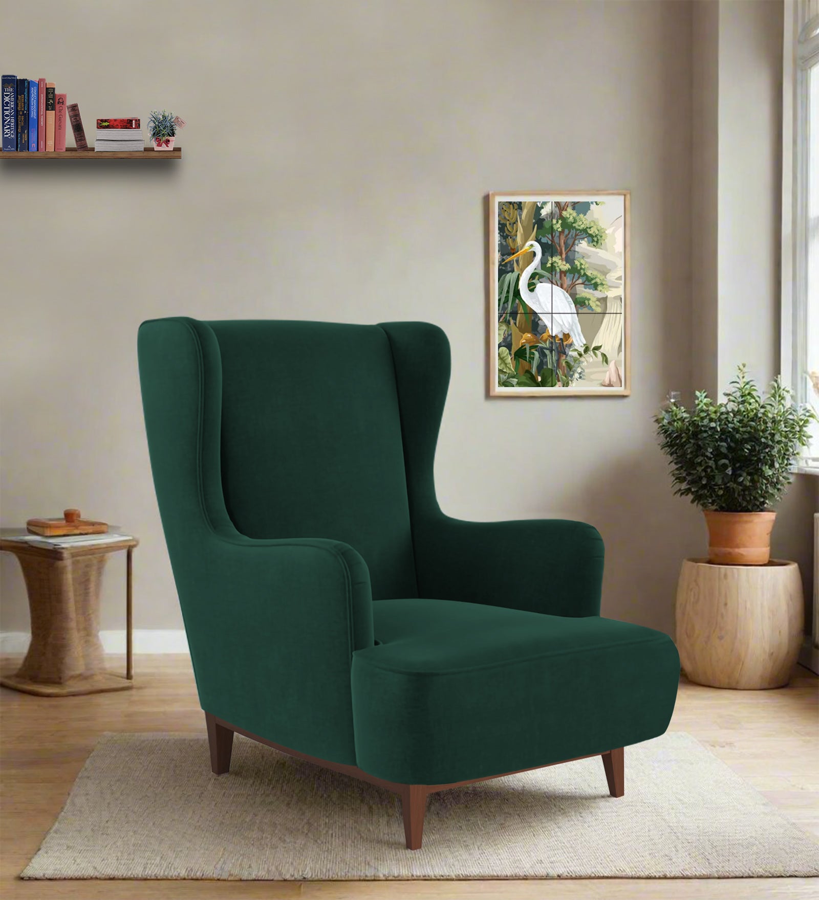 Suri Velvet 1 Seater Wing Chair in Forest Green Colour