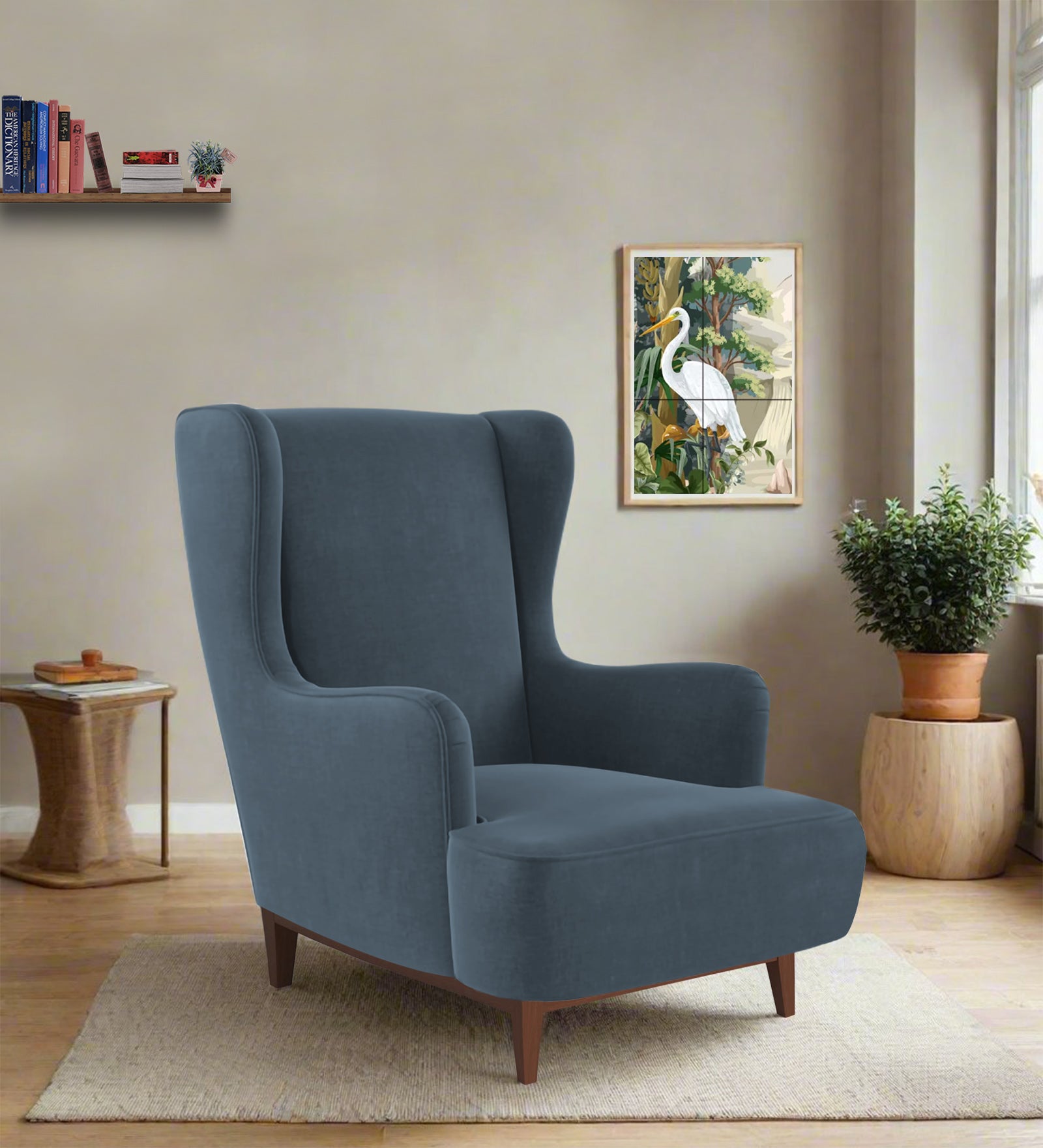 Suri Velvet 1 Seater Wing Chair in Oxford Blue Colour