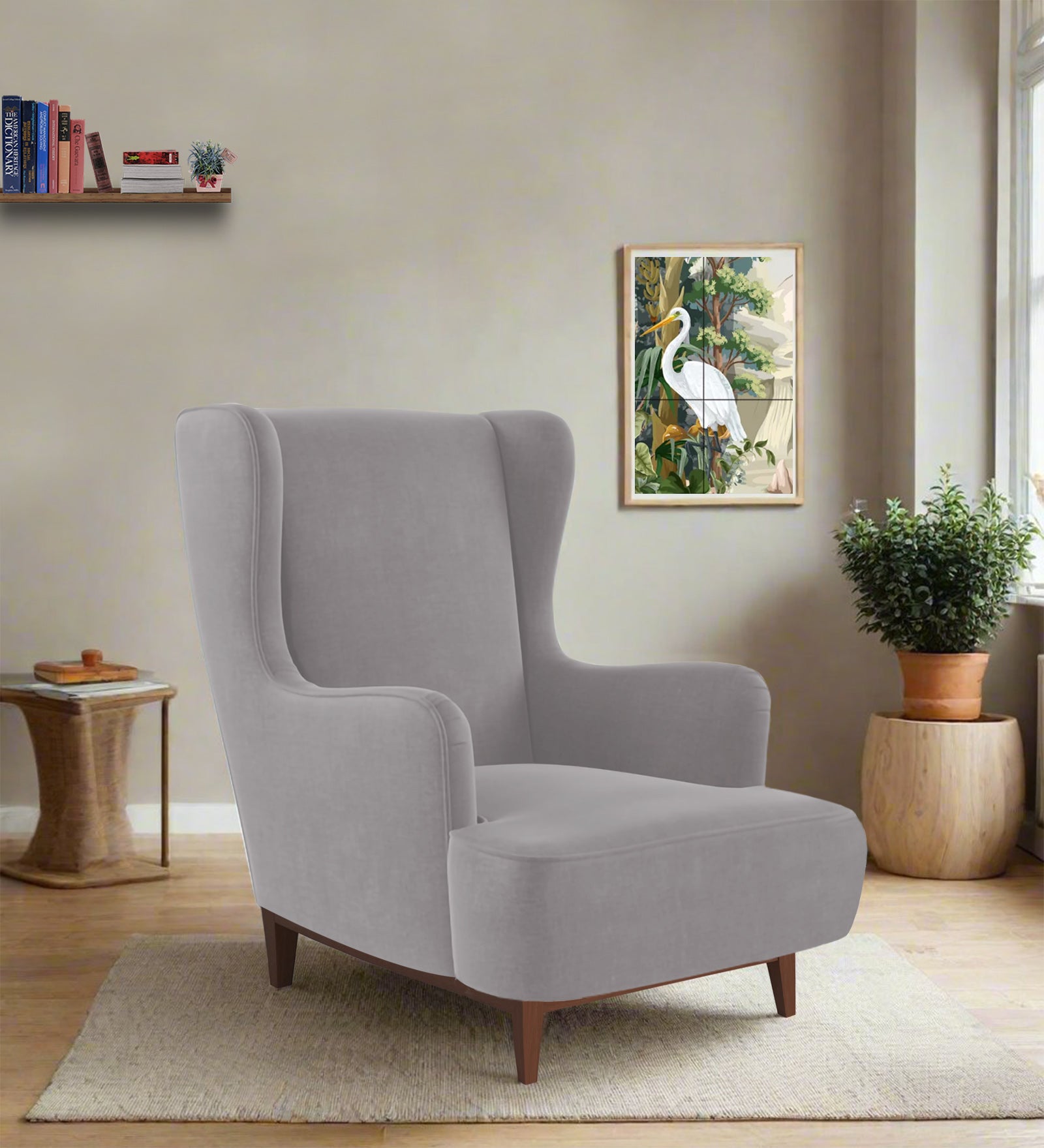 Suri Velvet 1 Seater Wing Chair in Concrete Grey Colour