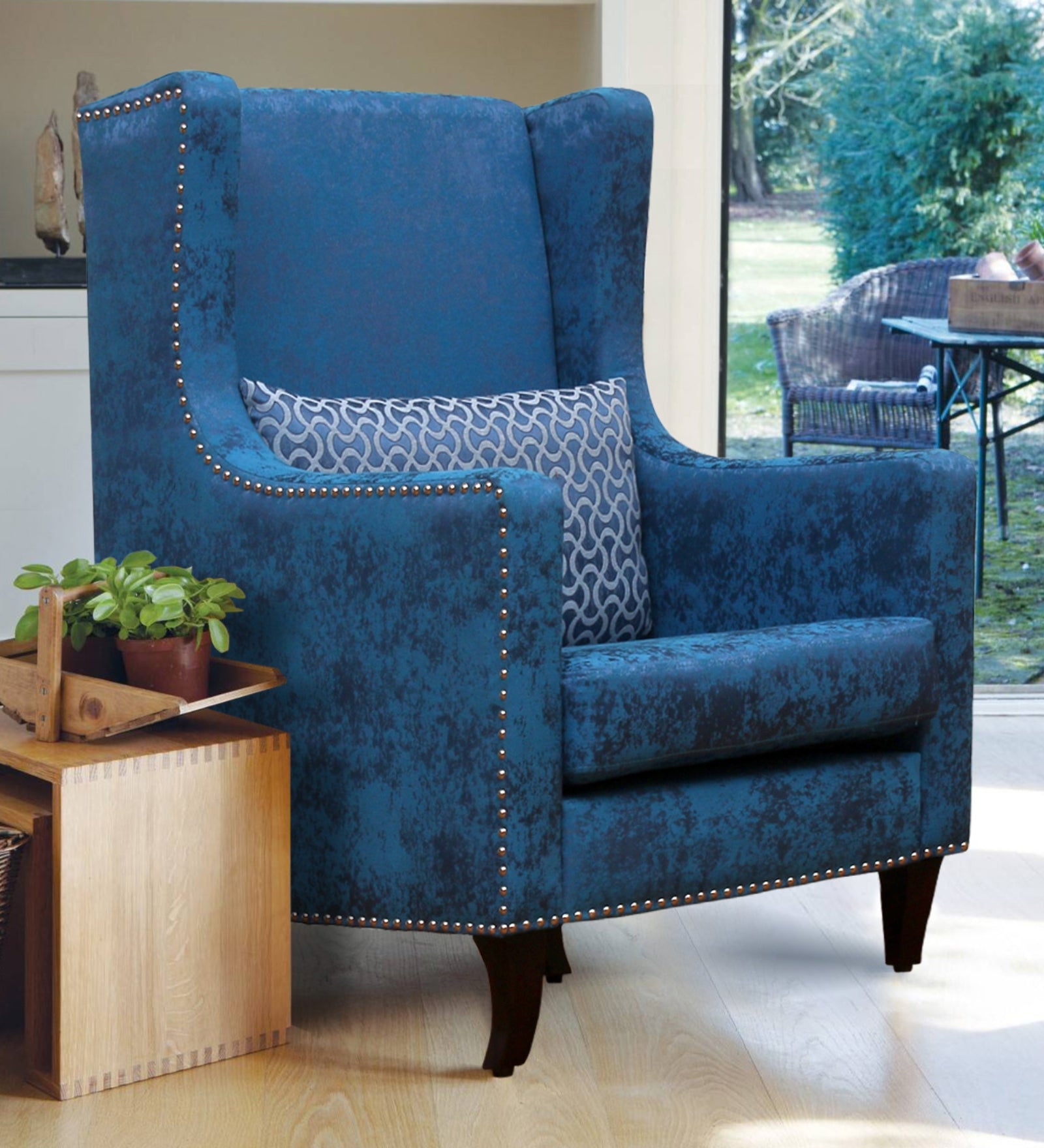 Jade Printed Fabric Wing Chair in Blue Colour