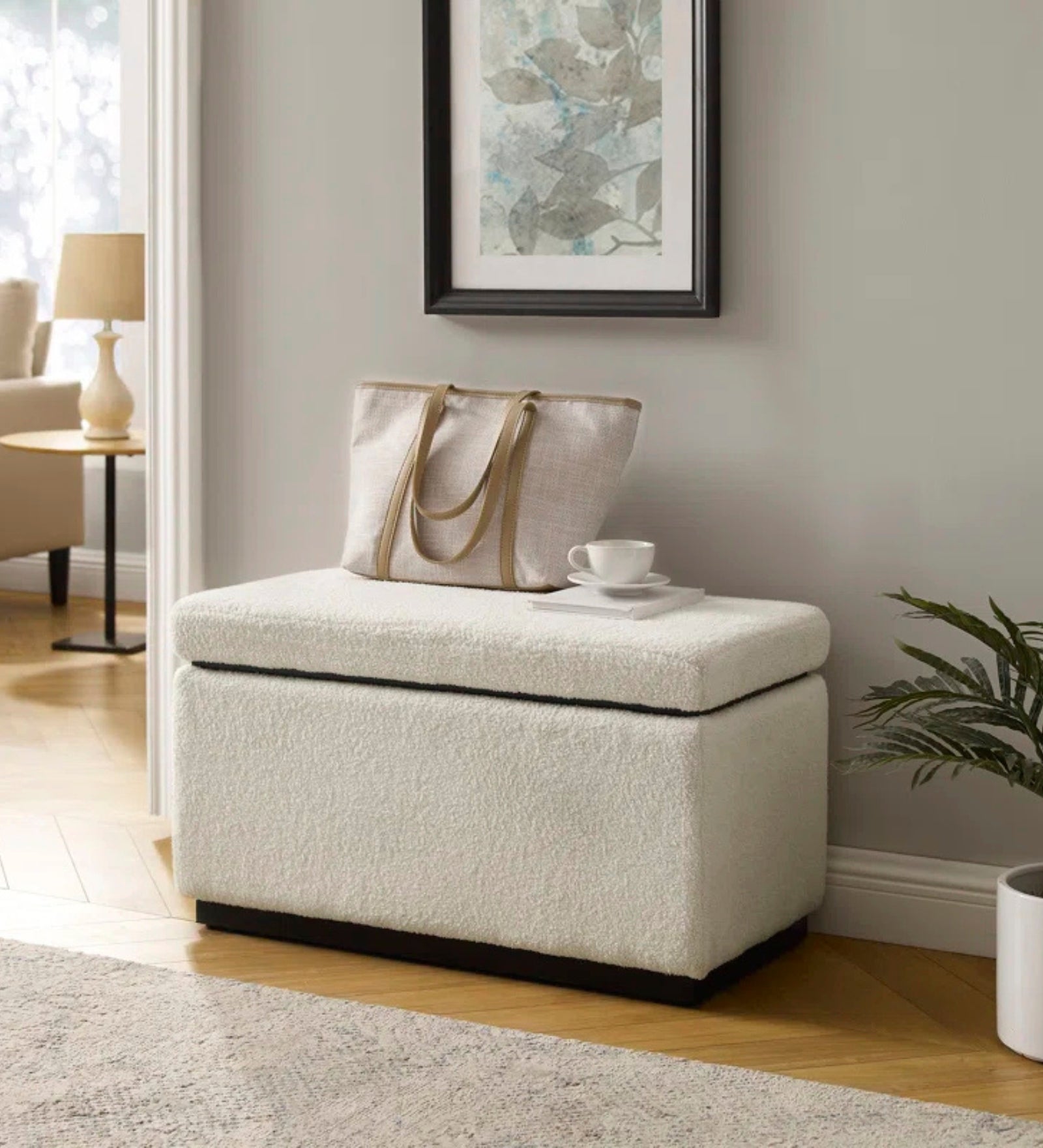 Reju Fur Fabric Ottoman In Bright White Colour With Storage