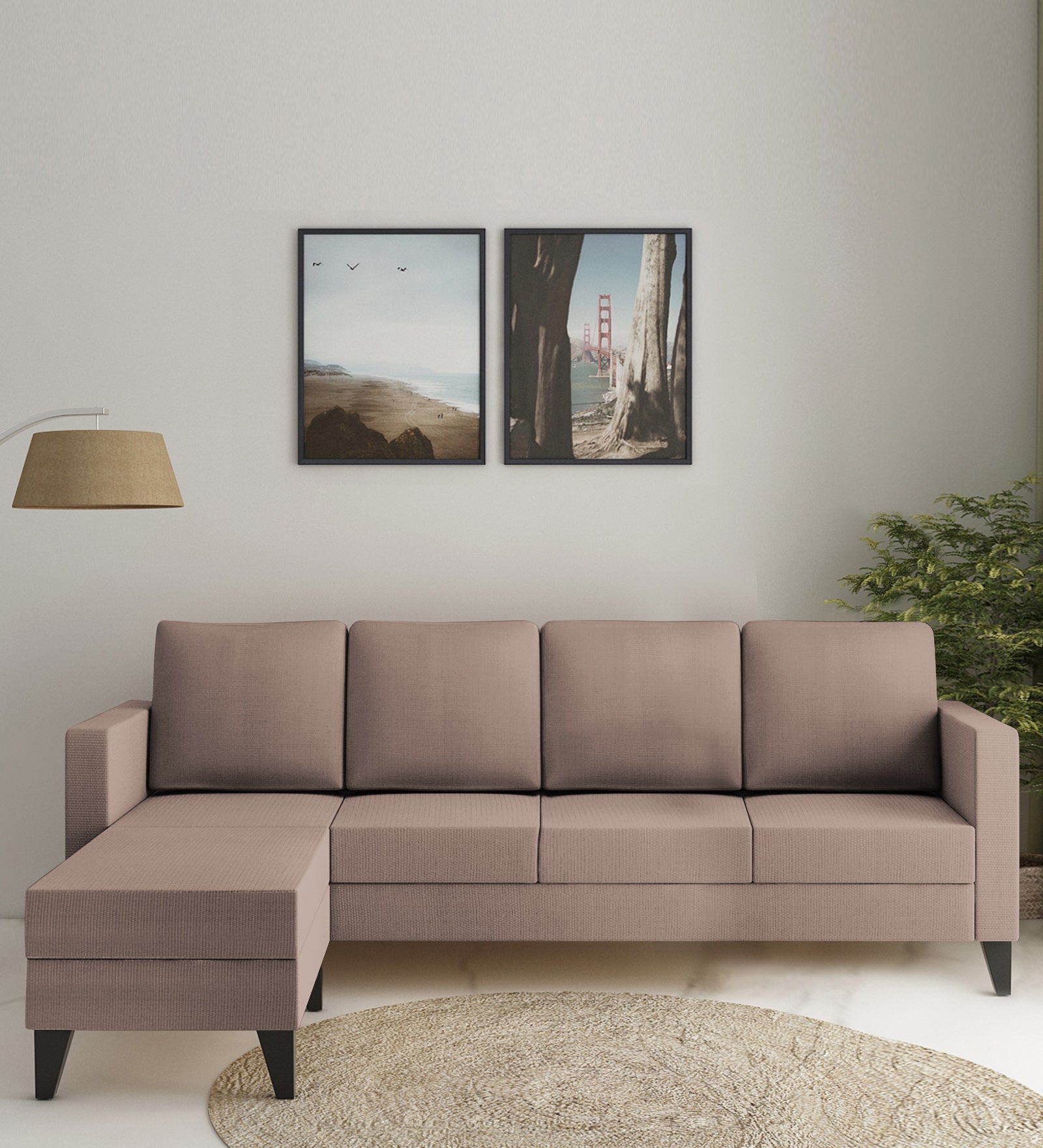 Nori Fabric RHS Sectional Sofa (3 + Lounger) In Kadhi Beige Colour