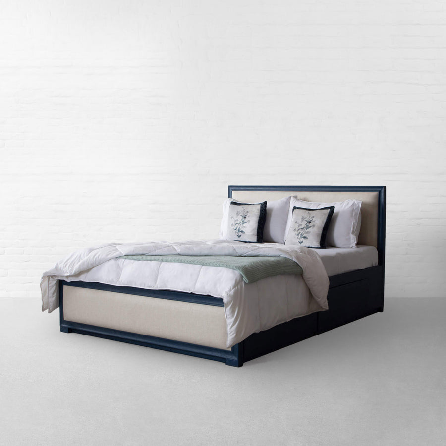 Limbu Leatherette And Fabric Upholstered King Size Bed In Ivory Cream With Drawer Storage - Febonic Living