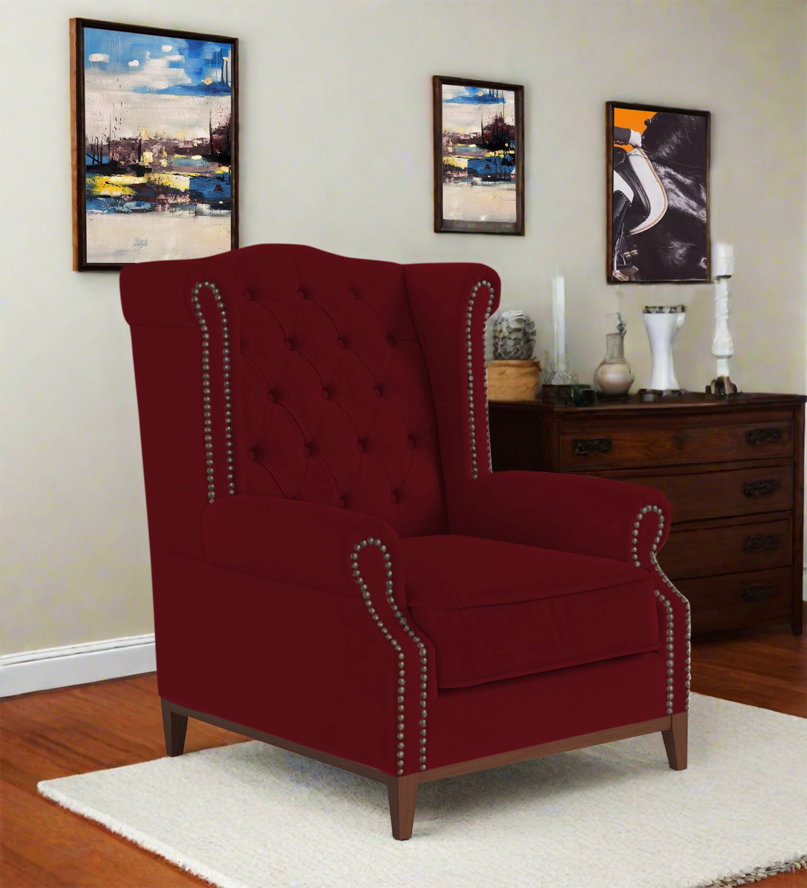 Nory Fabric 1 Seater Wing Chair in Ruby Red Colour