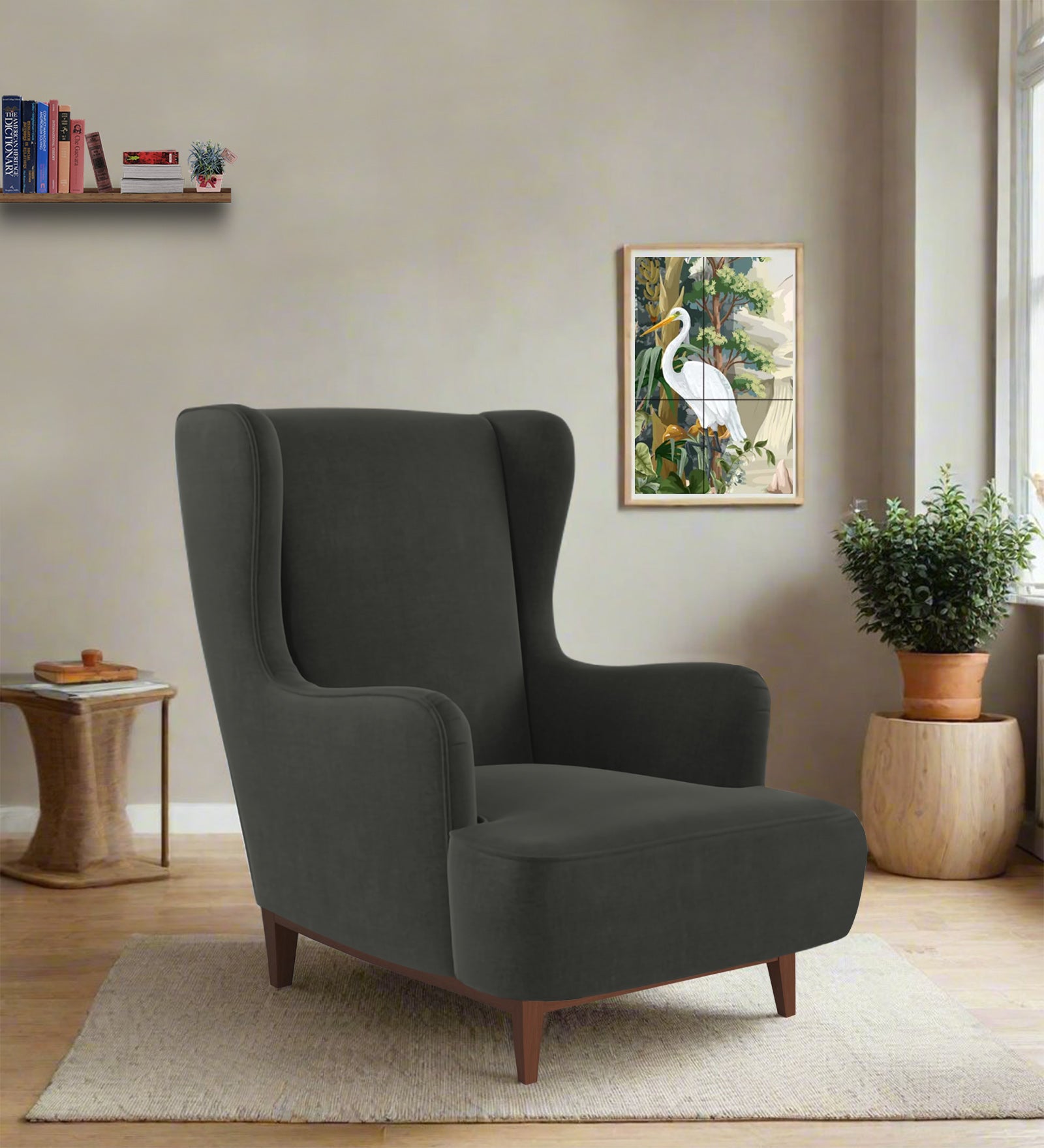 Suri Velvet 1 Seater Wing Chair in Hory Grey Colour