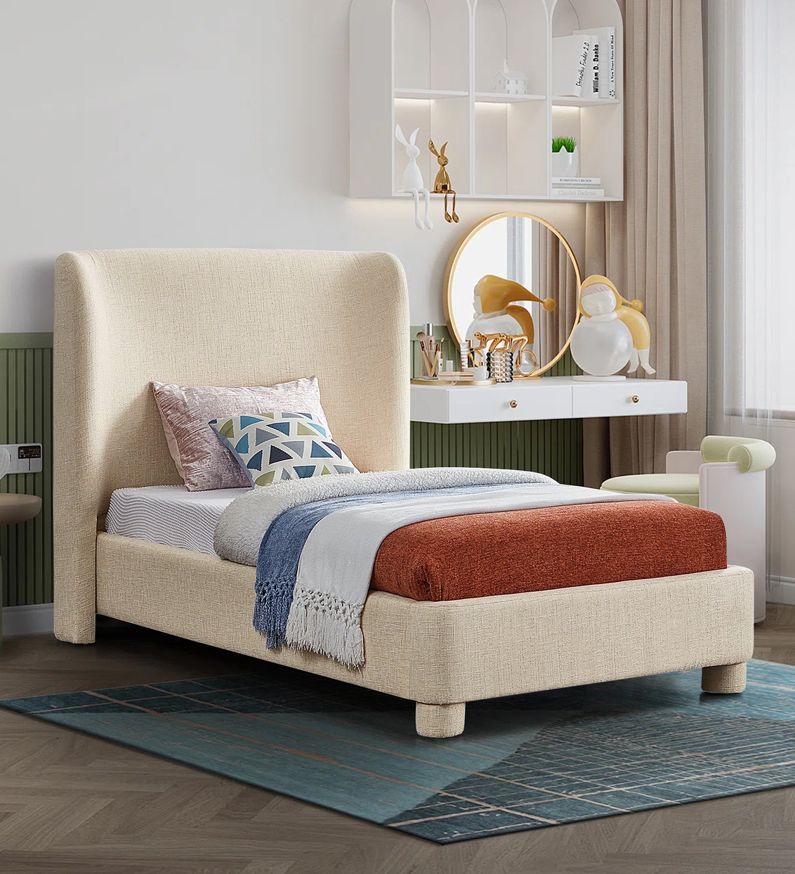 Lenny Fabric Upholstered Single Bed in Ivory Cream Colour - Febonic Living