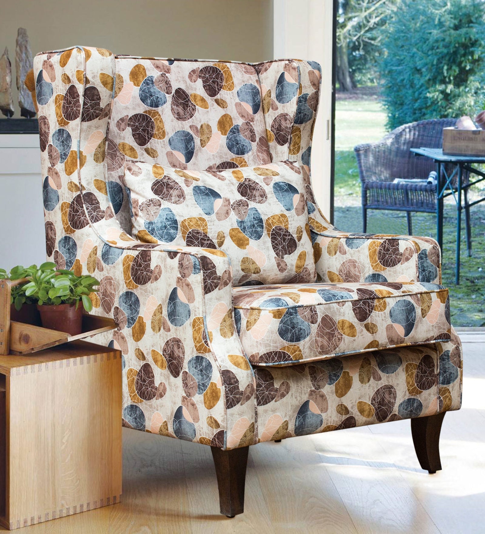 Peter Floral Print Fabric Wing Chair in Multi Colour