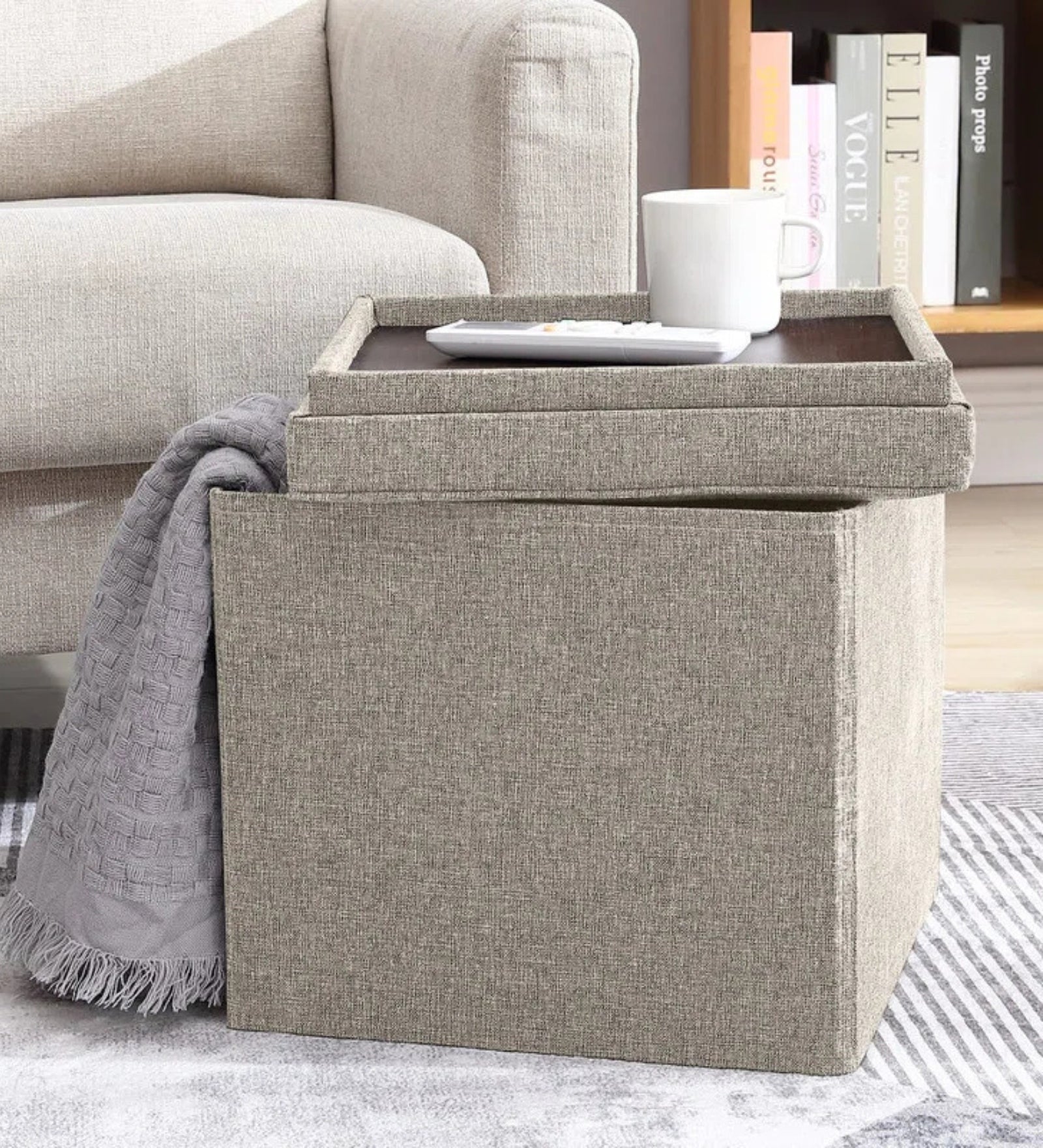 Hilsa Fabric Ottoman In Ash Grey Colour With Storage