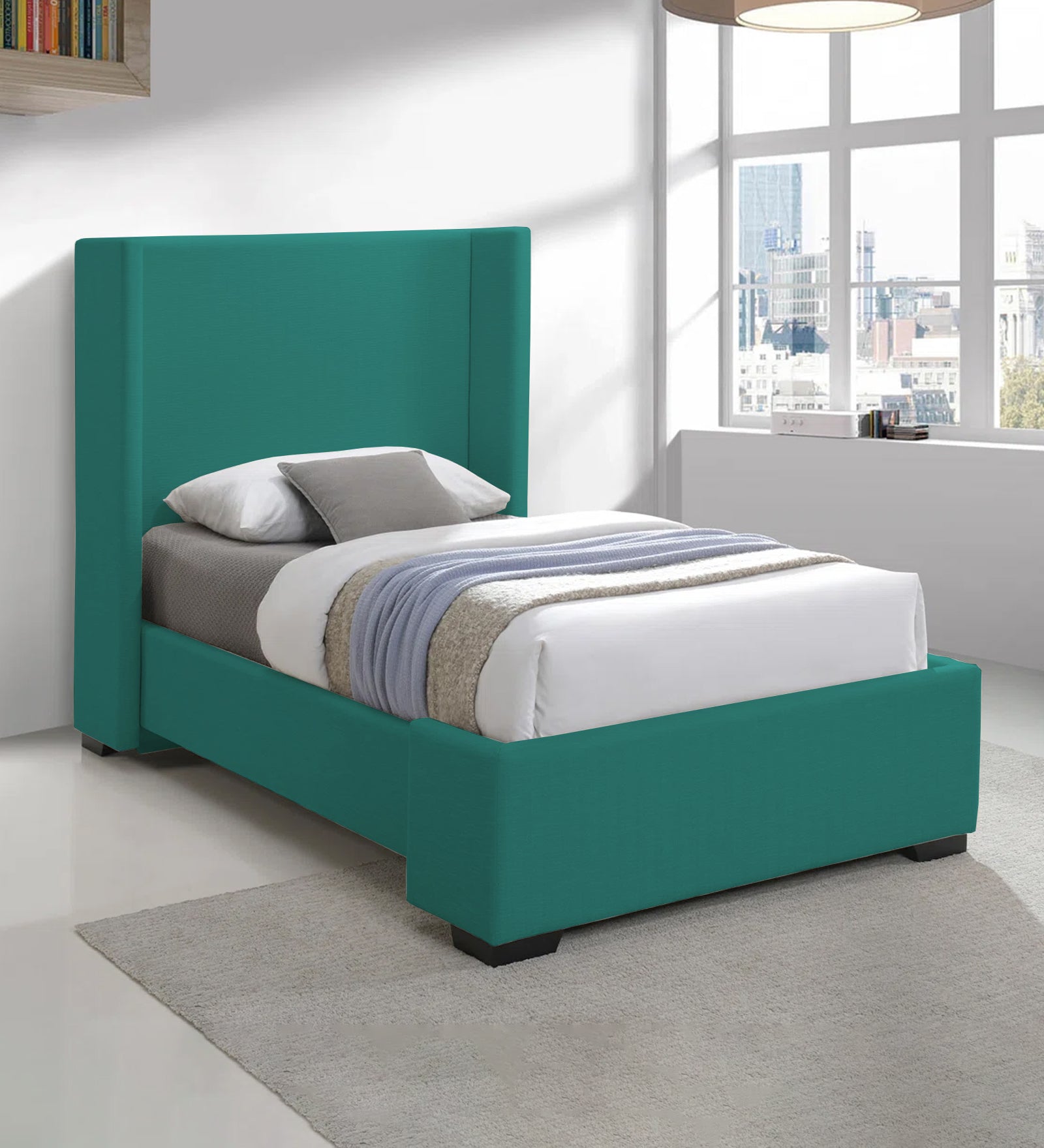 Kirby Fabric Upholstered Single Bed in Sea Green Colour - Febonic Living