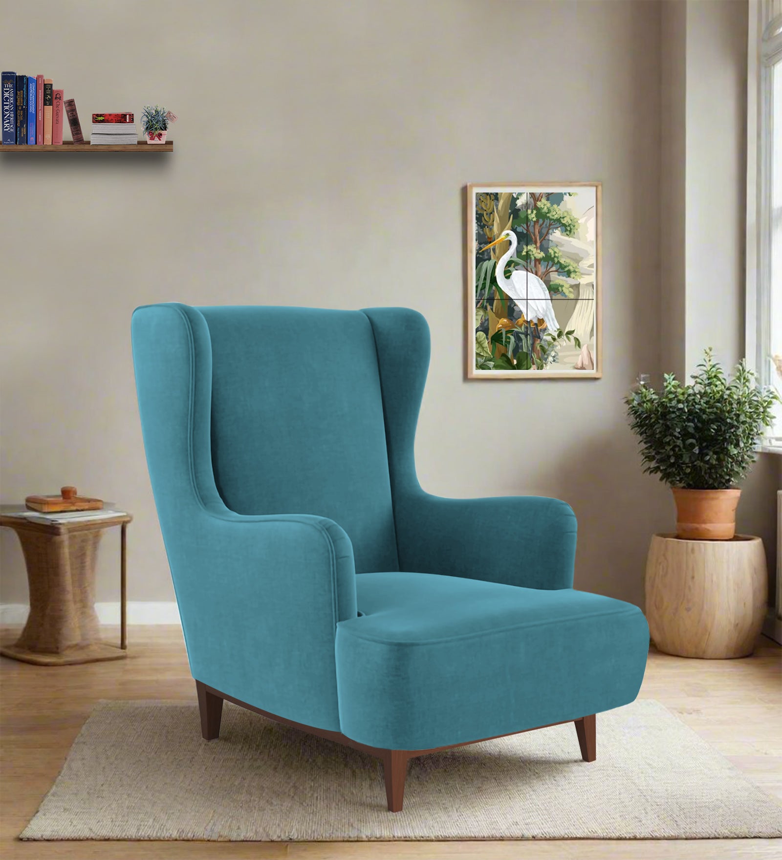 Suri Velvet 1 Seater Wing Chair in Aqua Blue Colour