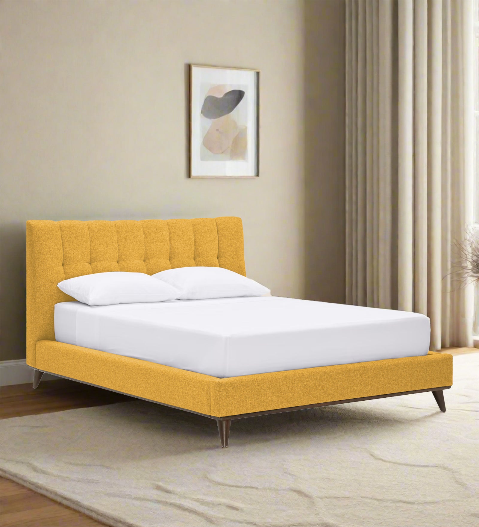 Jasmin Fabric Upholstered King Bed in Bold Yellow Colour - Febonic Living