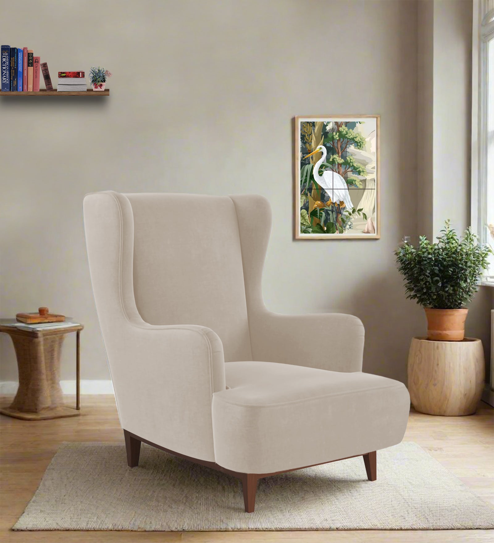 Suri Velvet 1 Seater Wing Chair in Cream Beige Colour