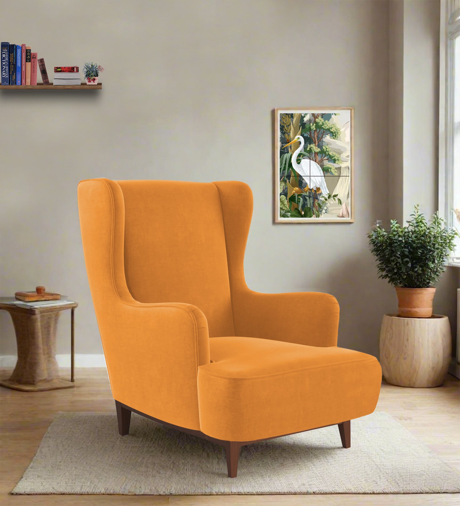 Suri Velvet 1 Seater Wing Chair in Tangerine orange Colour