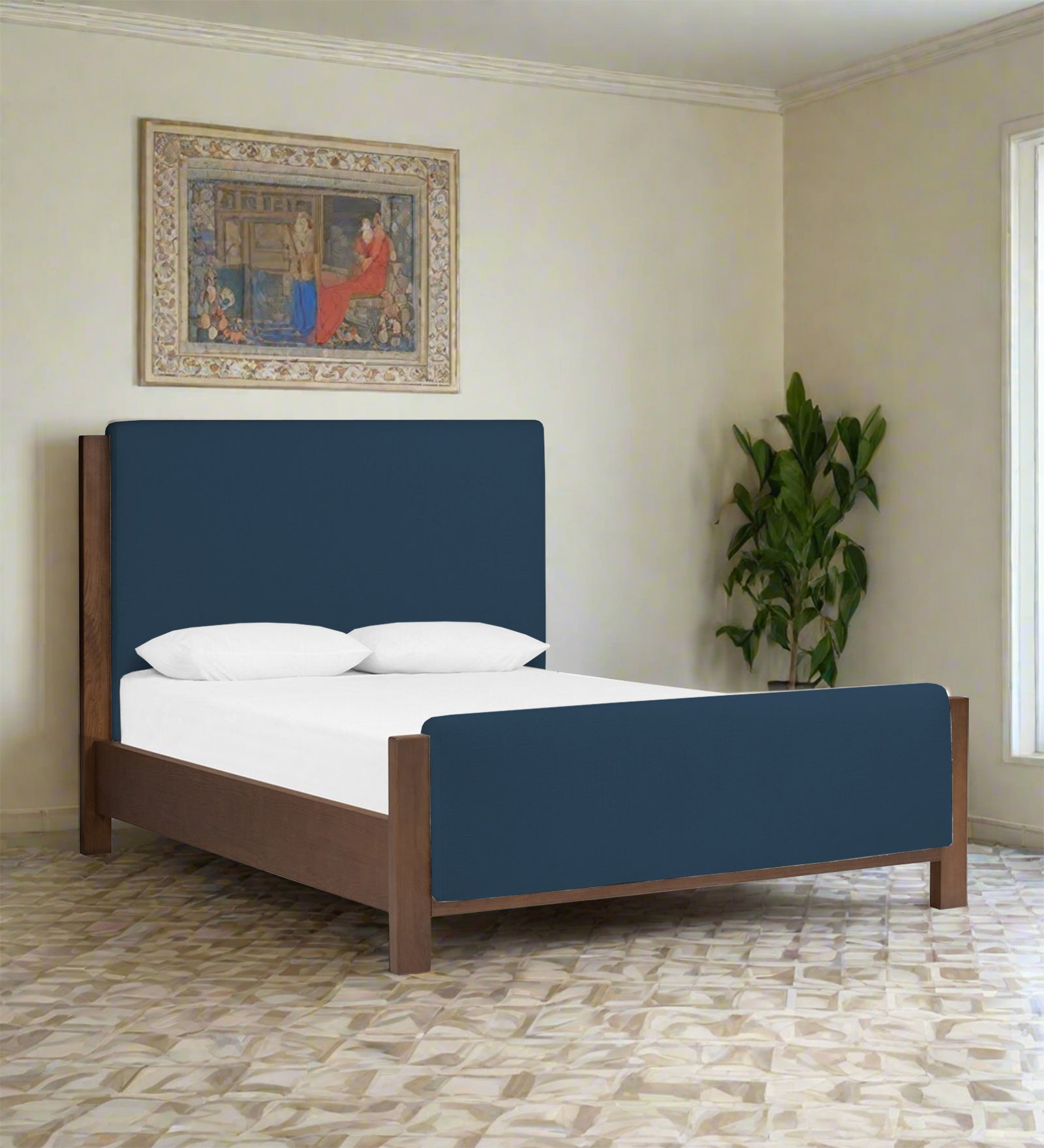 Zoro Boucle Fabric Queen Size Bed in Classic Blue Colour - Febonic Living