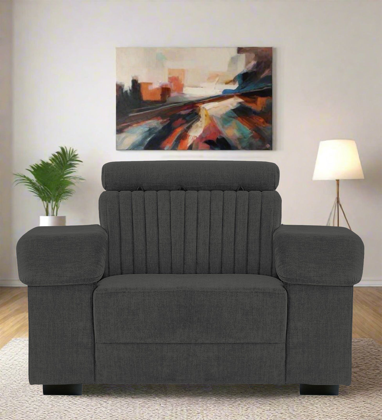 Draco Fabric 1 Seater Sofa In Charcoal Grey Colour