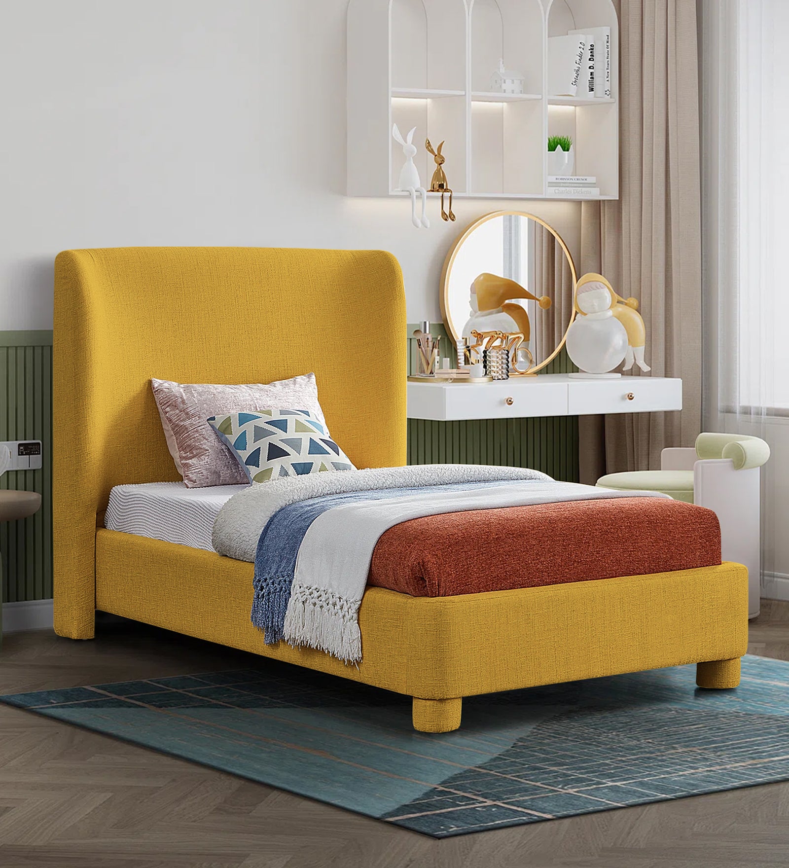 Lenny Fabric Upholstered Single Bed in Bold Yellow Colour - Febonic Living
