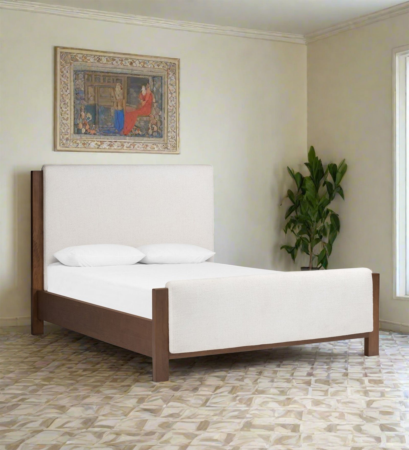 Zoro Boucle Fabric Queen Size Bed in Shell White Colour - Febonic Living