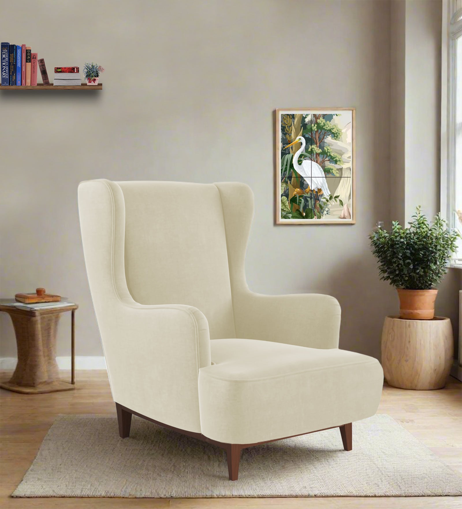 Suri Velvet 1 Seater Wing Chair in Warm White Colour