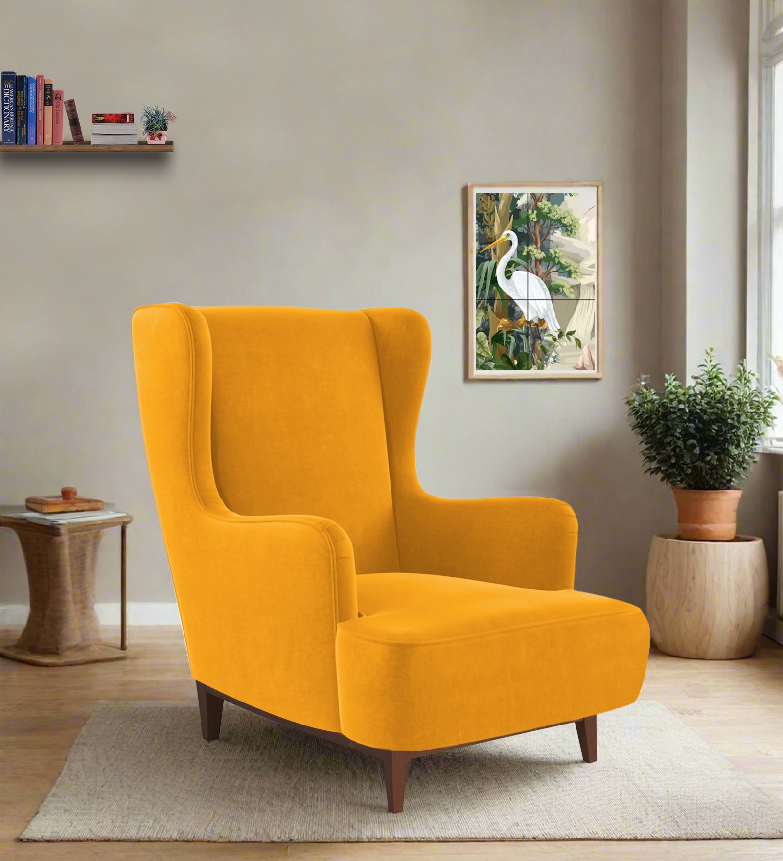 Suri Velvet 1 Seater Wing Chair in Safforn Yellow Colour