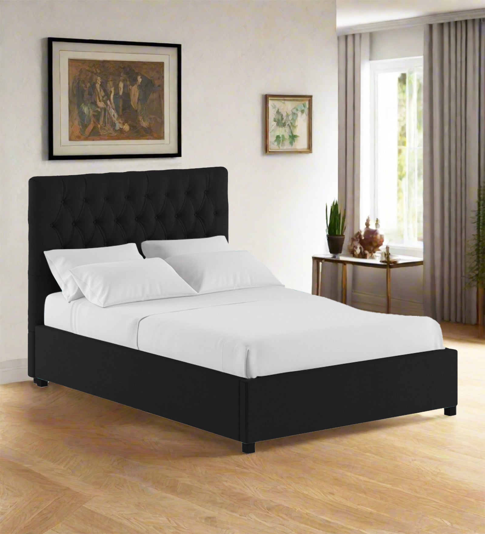 Sinu Fabric King Size Bed In Zed Black Colour With Storage Box