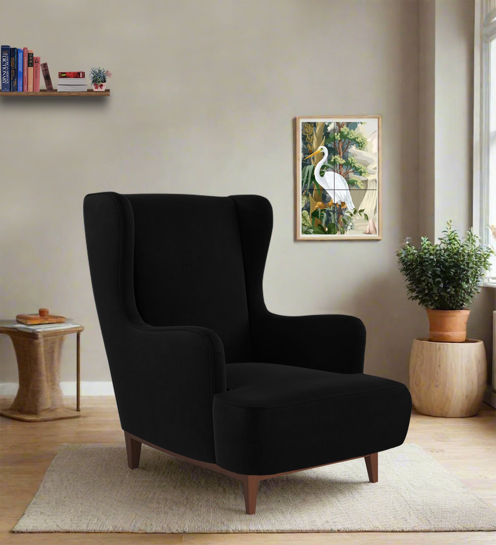 Suri Velvet 1 Seater Wing Chair in Adam Black Colour