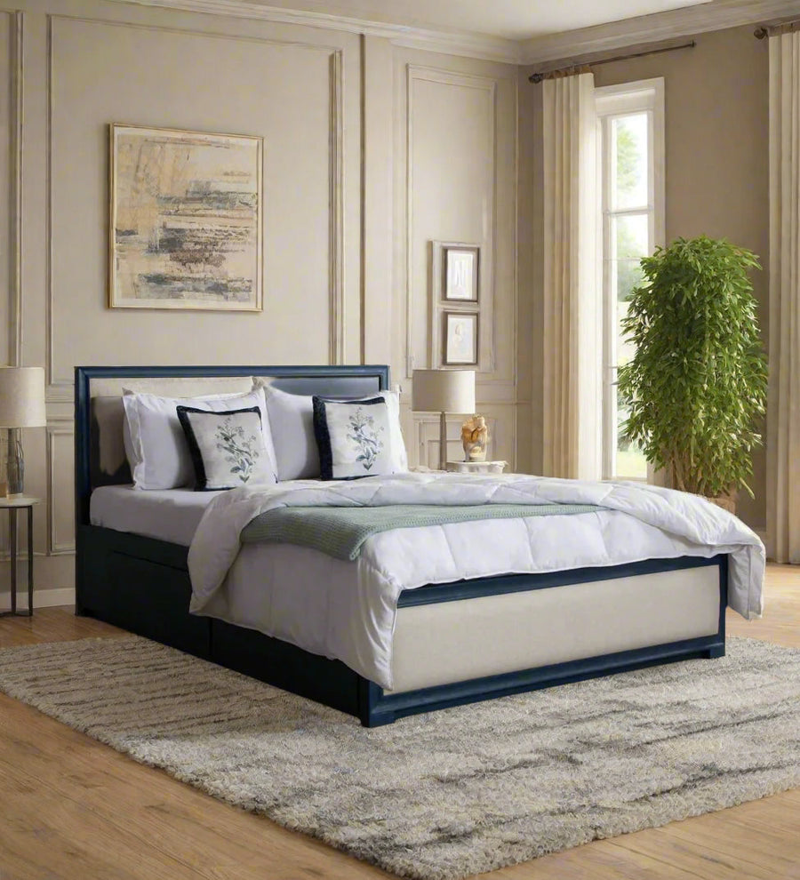 Limbu Leatherette And Fabric Upholstered Queen Size Bed In Ivory Cream With Drawer Storage - Febonic Living