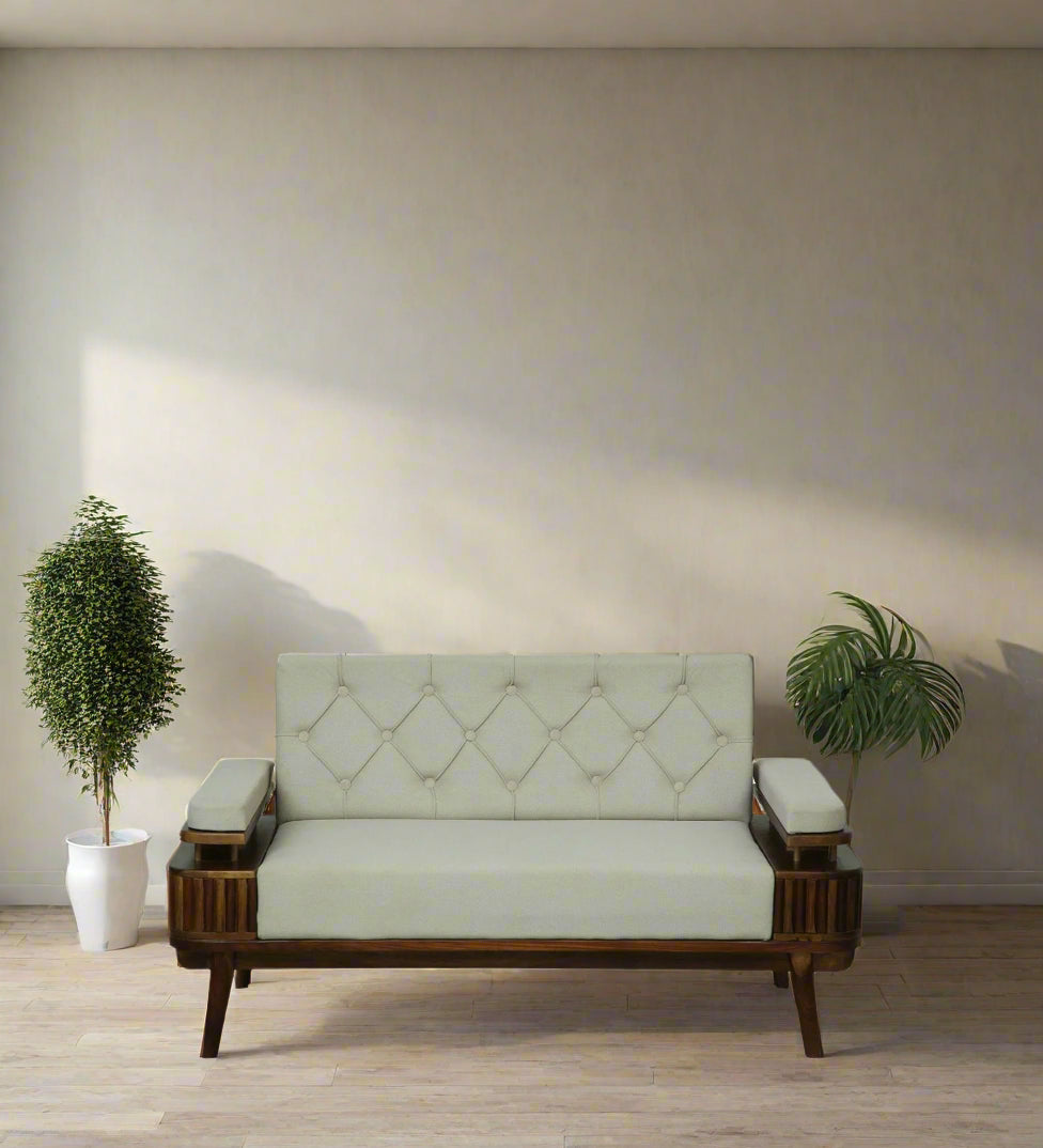 Seravu Sheesham Wood 2 Seater Sofa In Beige Colour