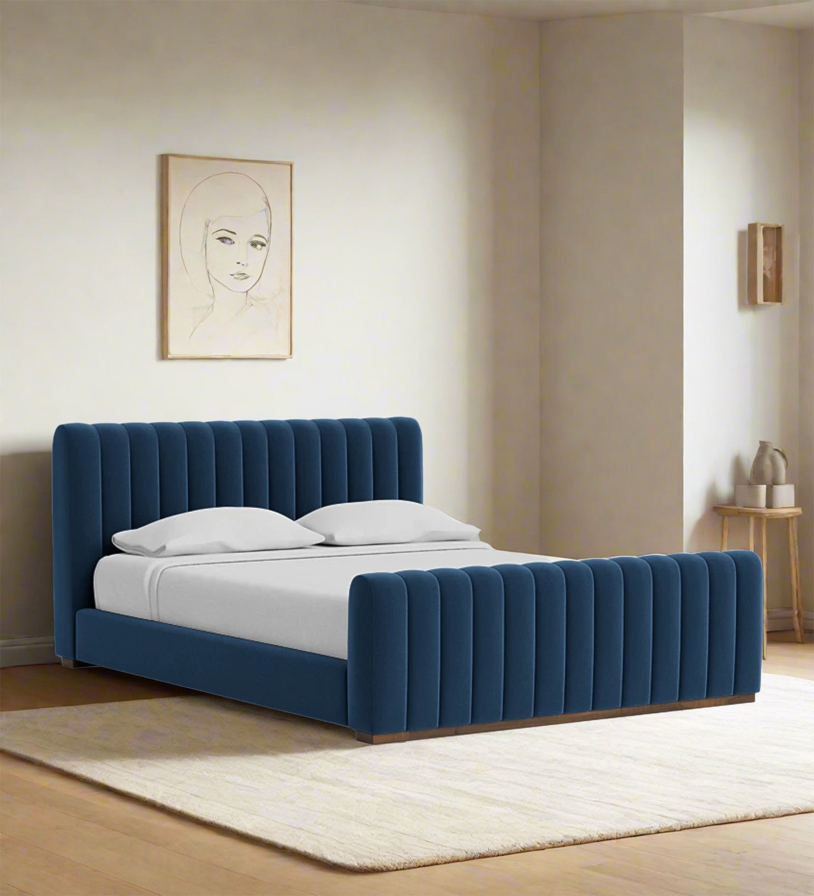 Nalan Fabric Upholstered King Size Bed in Imperial Blue Colour - Febonic Living