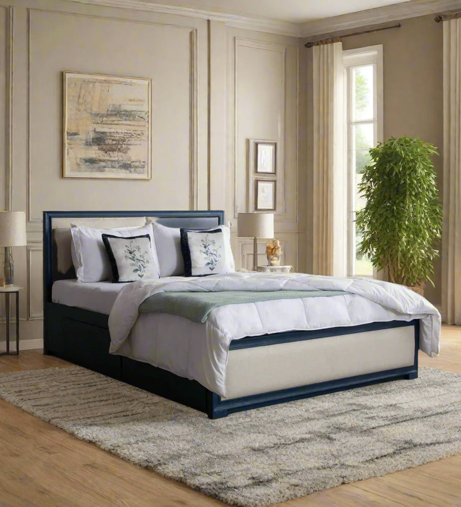 Limbu  And Fabric Upholstered Leatherette Queen Size Bed - Ivory Cream by Febonic Living