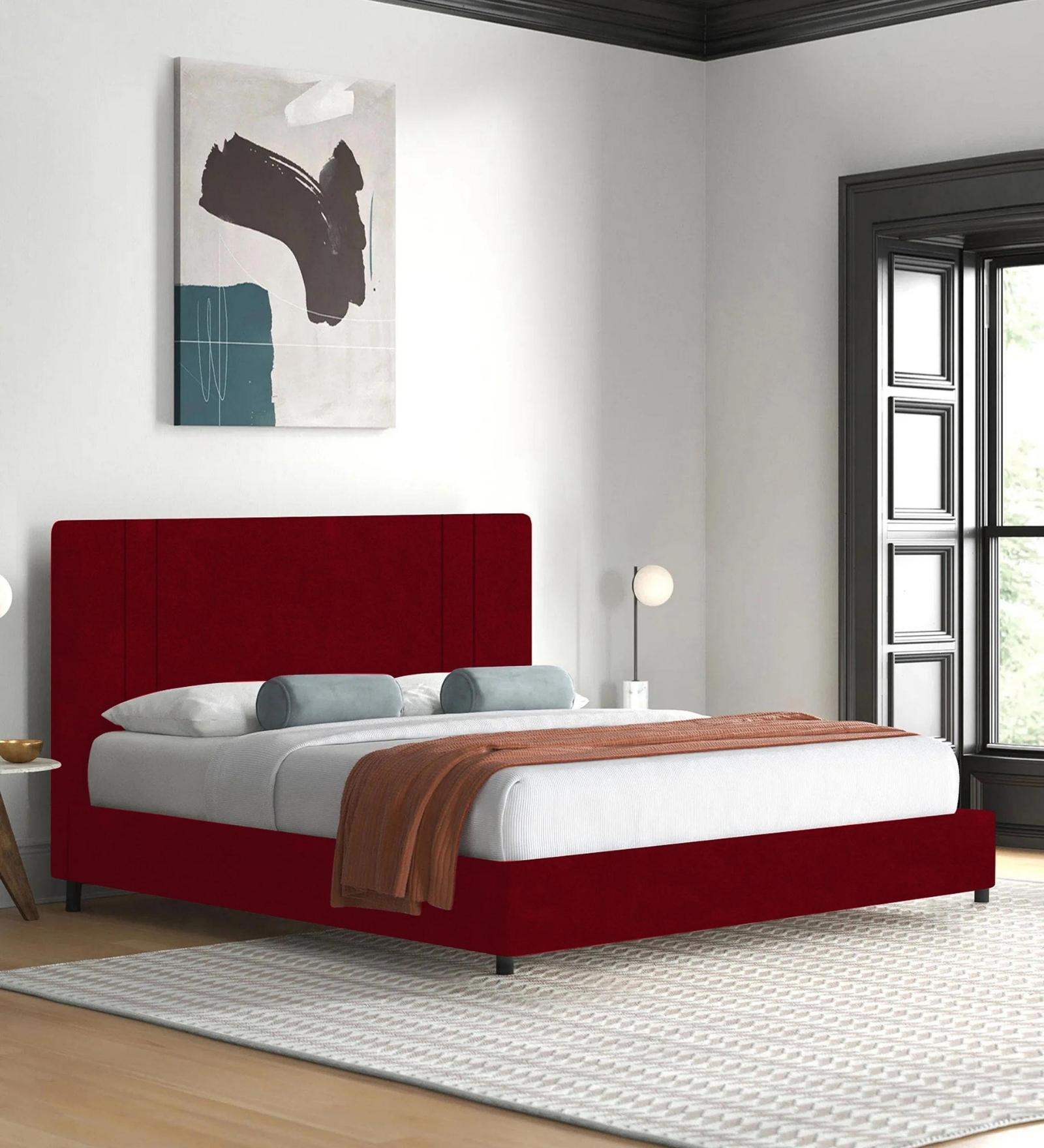 Asyra Fabric King Size Bed in Cherry Red Colour With Storage