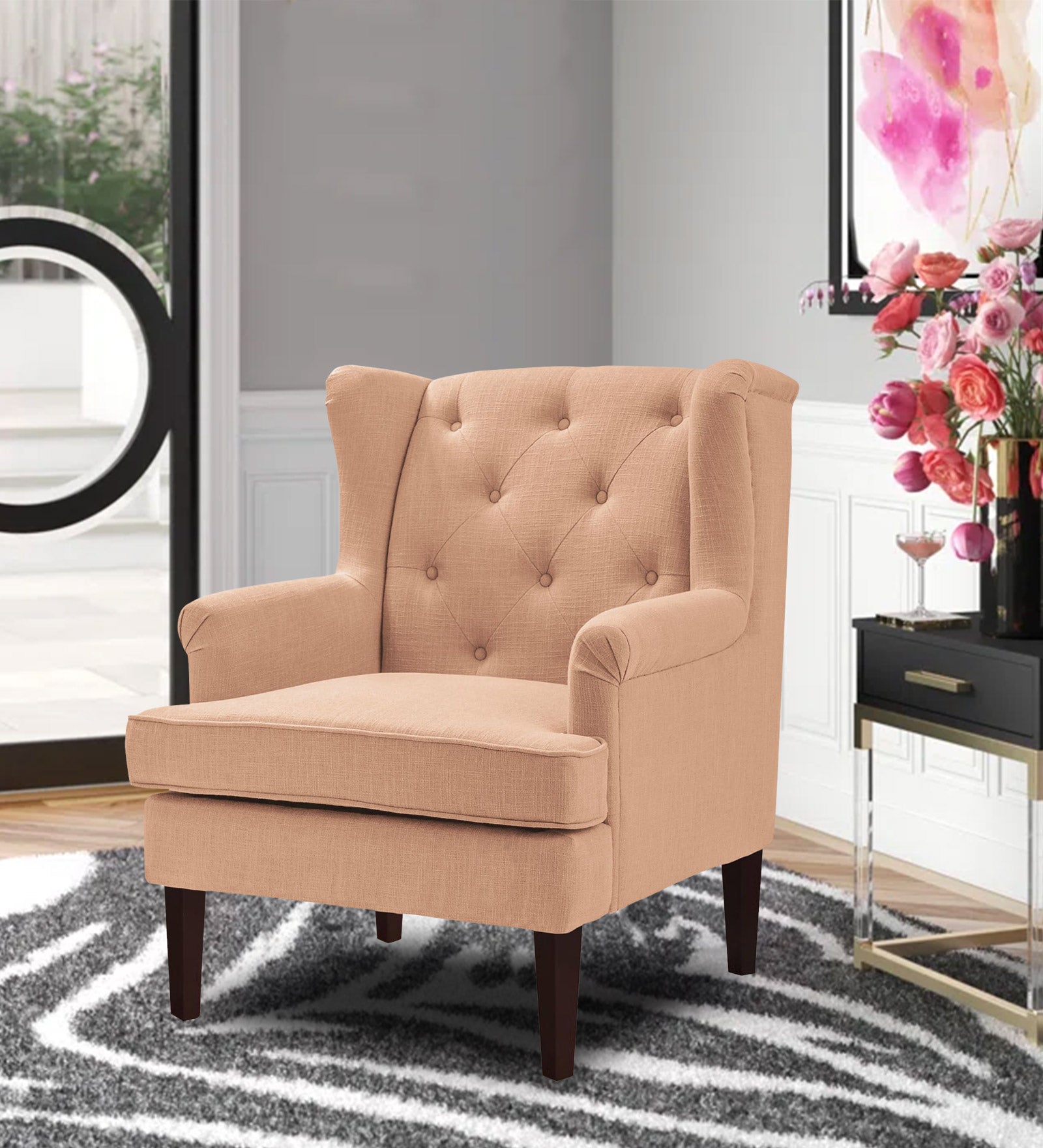 Deyuk Fabric Wing Chair In Cosmic Beige Colour