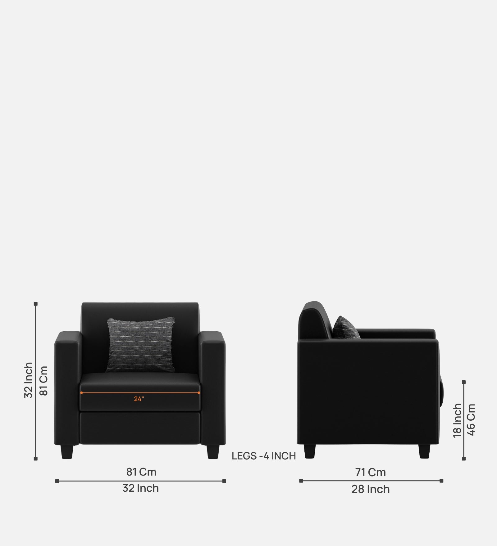 Baley Leatherette 1 Seater Sofa in Dark Black Colour