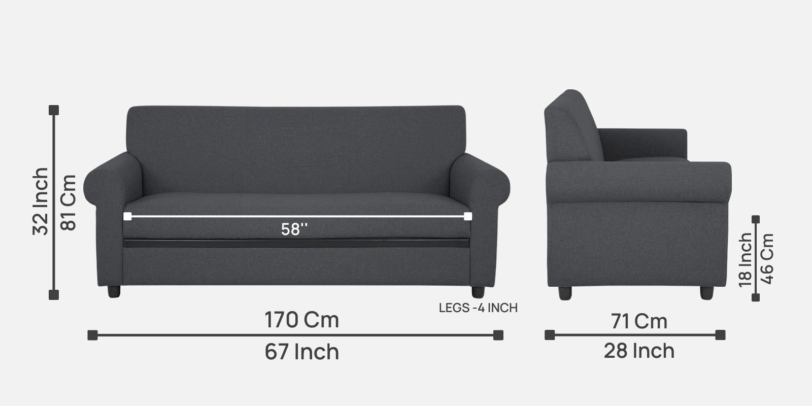 Ribby Fabric 3 Seater Sofa in Maba Grey Colour