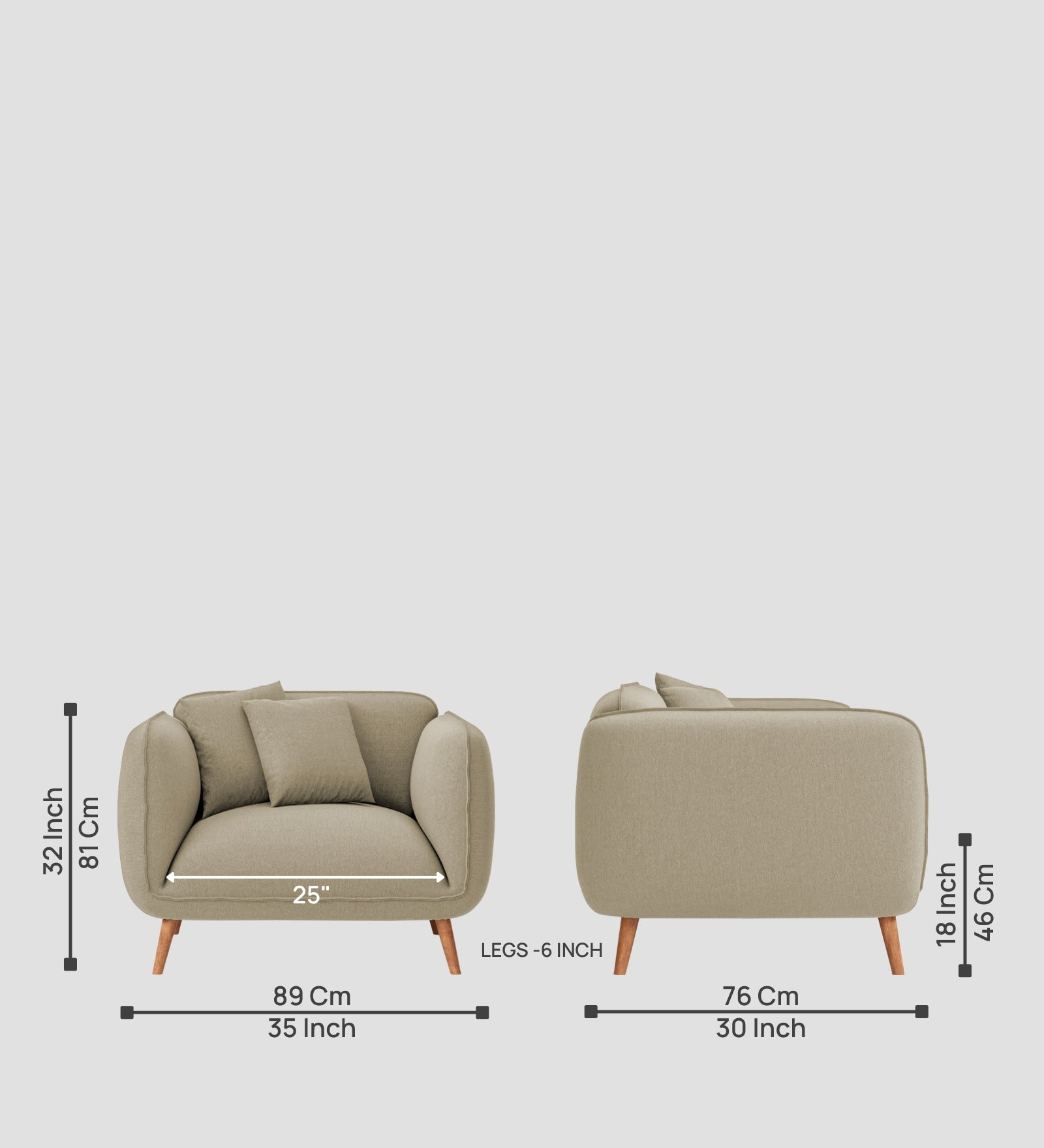 Zia Fabric 1 Seater Sofa In Honey Beige Colour