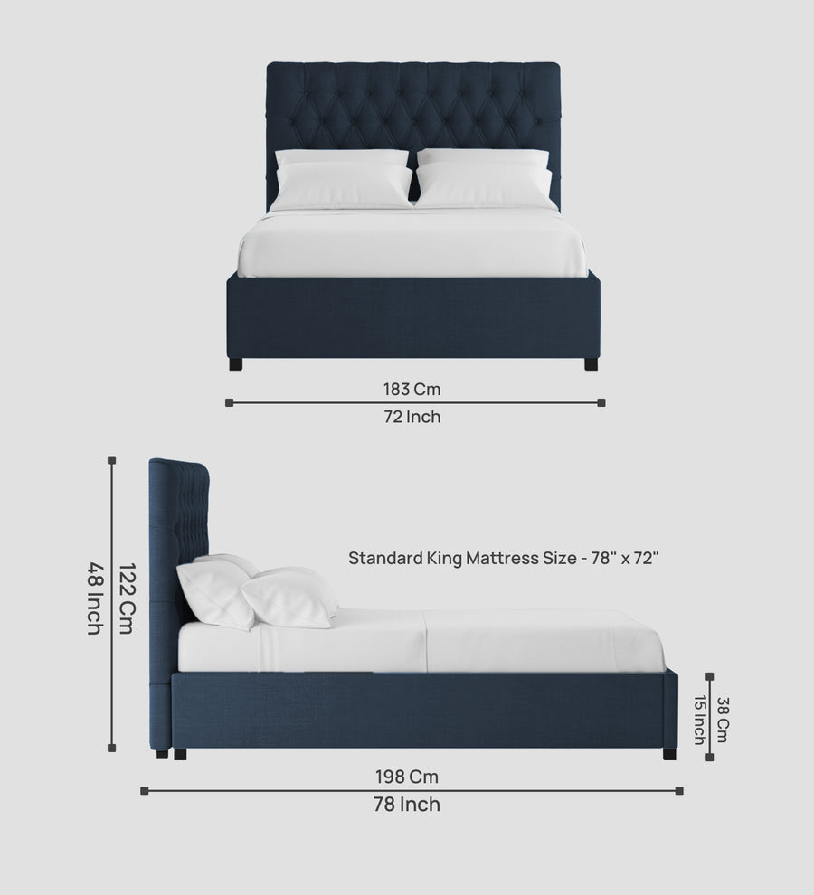 Isko Fabric Upholstered King Size Bed In Denim Blue Colour With Box Storage - Febonic Living