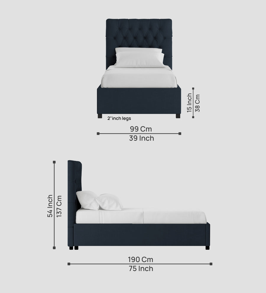 Isko Fabric Upholstered Single Size Bed In Denim Blue Colour With Box Storage - Febonic Living