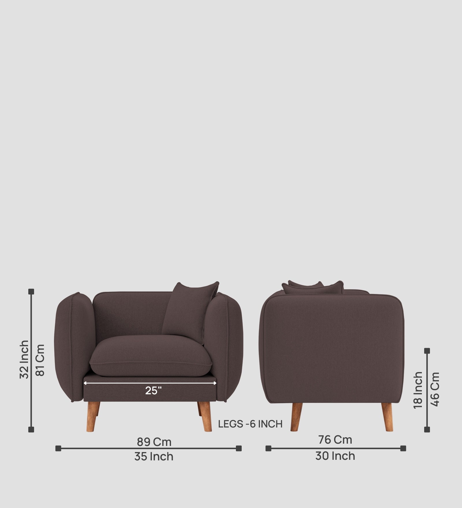 Reva Fabric 1 Seater Sofa In  Night Brown Colour - Febonic Living