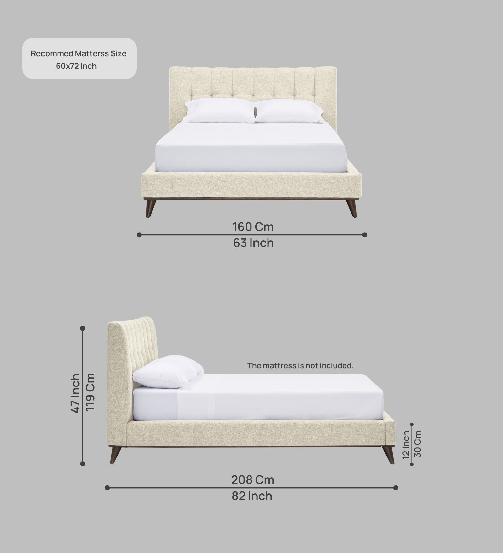 Jasmin Fabric Upholstered Queen Bed in Ivory Cream Colour - Febonic Living