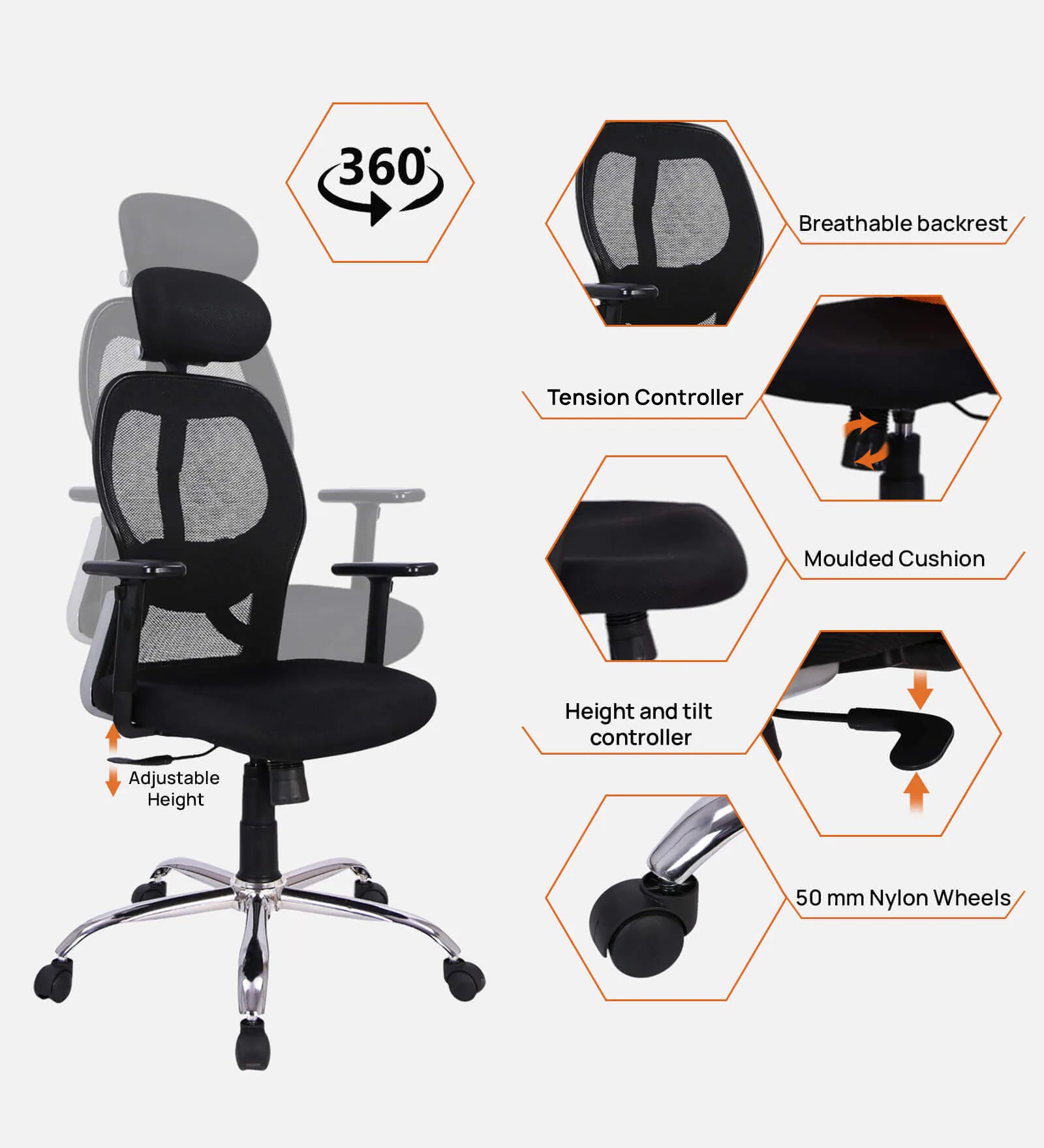 Foxy Breathable Mesh Ergonomic Chair with Adjustable Lumbar Support In Coco Black Colour - Febonic Living