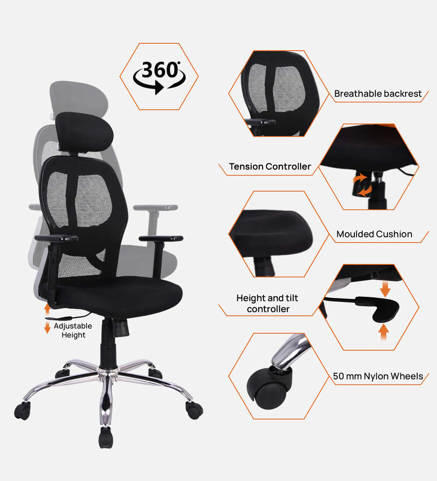 Foxy Breathable Mesh Ergonomic Chair With Adjustable Lumbar Support In Coco Black Colour - Febonic Living